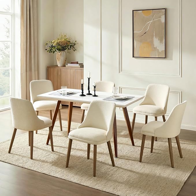 Upholstered Dining Chairs Set of 6, Fabric Dining Room Chairs with Curved Backrest, Solid Wood Legs, Modern Kitchen Chairs for Dining Room Living Room, Ivory