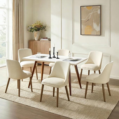 Upholstered Dining Chairs Set of 6, Fabric Dining Room Chairs with Curved Backrest, Solid Wood Legs, Modern Kitchen Chairs for Dining Room Living Room, Ivory