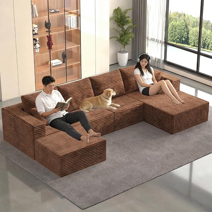 138" Modular Sectional Sofa, U-Shaped Cloud Couch with Deep Seats & Chaise, Convertible 4-in-1 Corduroy Boneless Couches for Living Room, No-Assembly - Brown (Right Facing Chaise)