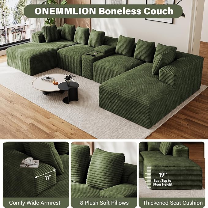 143" Oversized U Shaped Cloud Sectional Couches for Living Room, Comfy Fluffy Corduroy Green Boneless Couch, Large Modular Sectional Sofa Set with Chaise, Cup Holder, USB Port, Storage Console