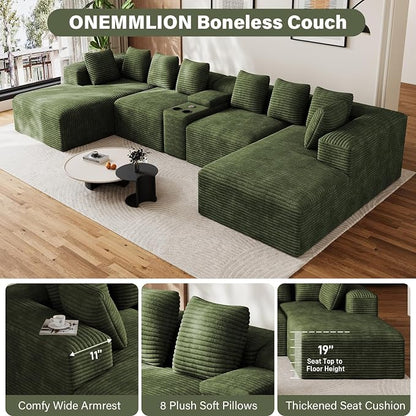 143" Oversized U Shaped Cloud Sectional Couches for Living Room, Comfy Fluffy Corduroy Green Boneless Couch, Large Modular Sectional Sofa Set with Chaise, Cup Holder, USB Port, Storage Console
