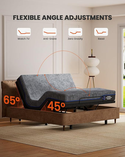 Amada Queen Adjustable Bed Frame and 14 Inch Cooling Gel Memory Foam Mattress Set, Massage, Head & Foot Incline, Wireless Remote, USB Ports, LED Night Light, Medium Firm Support