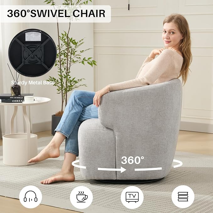 SOFTHION Swivel Accent Chair, Chenille Barrel Chair for Living Room, Cozy Round Boucle Arm Chair, Metal Base for Club Nursery Bedroom, Light Grey