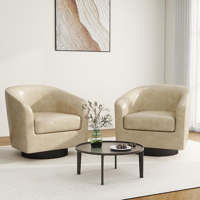 Swivel Barrel Accent Chair, Modern Round Faux Leather Arm Chair for Living Room, Bedroom, Comfy Club Reading Chairs for Adults(Faux Leather, Cream, Set of 2)