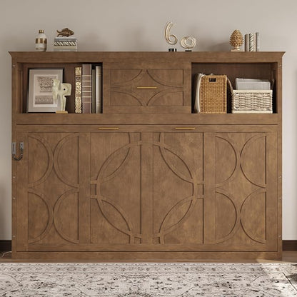 MERITLINE Twin Horizontal Murphy Bed with Storage Bookcase Shelves & Drawer and Charging Station,Solid Wood Farmhouse Murphy Wall Bed with Storage, Slat Support (Natural Wood)
