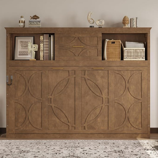 MERITLINE Twin Horizontal Murphy Bed with Storage Bookcase Shelves & Drawer and Charging Station,Solid Wood Farmhouse Murphy Wall Bed with Storage, Slat Support (Natural Wood)