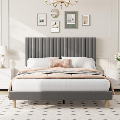 IDEALHOUSE King Bed Frame with Adjustable Headboard, Velvet Upholstered Platform King Size Bed Frame, Vertical Channel Tufted, Strong Wooden Slats, No Box Spring Needed, Easy Assembly, Grey