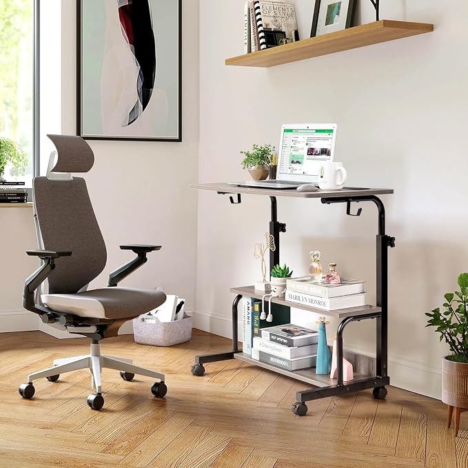 Mobile Laptop Desk with Power Outlets, Height Adjustable TV Tray Table with Storage Shelf, Rolling Computer Table with USB Ports (Grey Oak)