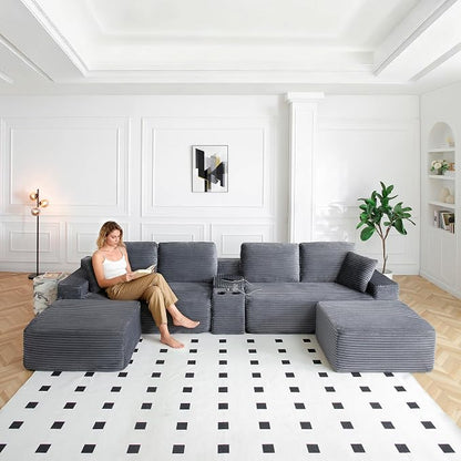 ivoros 150 Inch Modular Sectional Sofa Couch, Oversized Modern Cloud Couch for Living Room, U Shape Couches with 2 Ottomans, USB Ports and Cup Holders, Grey Corduroy Boneless Sofas, Sofa in a Box