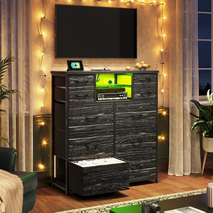 Romorgniz Black Dresser for Bedroom with LED Lights & Power Outlets 2 AC & 2 USB, Fabric 10 Drawer Dressers & Chest of Drawers with Open Shelves for Hallway Living Room Closet, Metal Frame, Wood Top