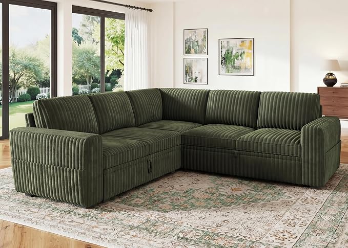 HONBAY Modular Sectional Sleeper Sofa with Pull Out Bed,Corduroy L Shaped Couch with Storage, Sectional Couches for Living Room,Green