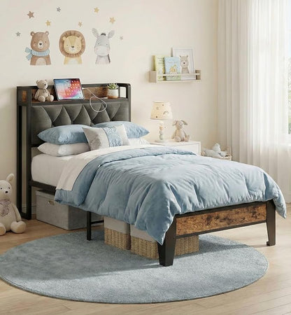 ANCTOR Twin Bed Frame, Upholstered Tufted Headboard, Storage Shelves & Charging Station, No Box Springs Needed, Sturdy, Noise-Free, Modern Vintage Style