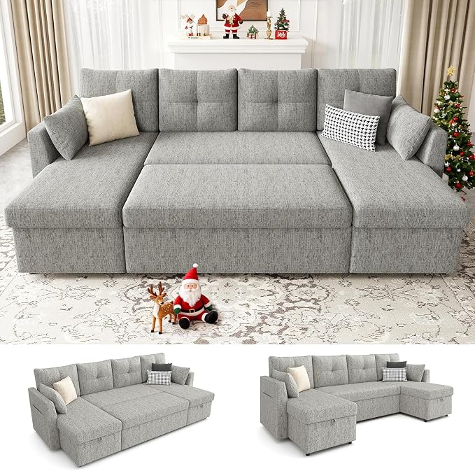 Huatean Home Oversized Pullout Couch Bed, 110 inch 2 in 1 Sleeper Sofa Couch for Living Room, Sectional Sleeper Sofa Bed with Double Storage Chaise, Side Pockets, Light Grey