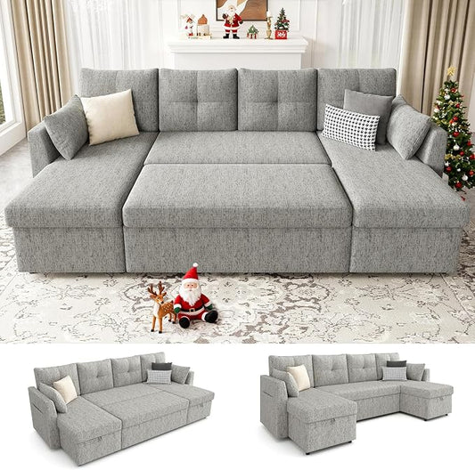 Huatean Home Oversized Pullout Couch Bed, 110 inch 2 in 1 Sleeper Sofa Couch for Living Room, Sectional Sleeper Sofa Bed with Double Storage Chaise, Side Pockets, Light Grey