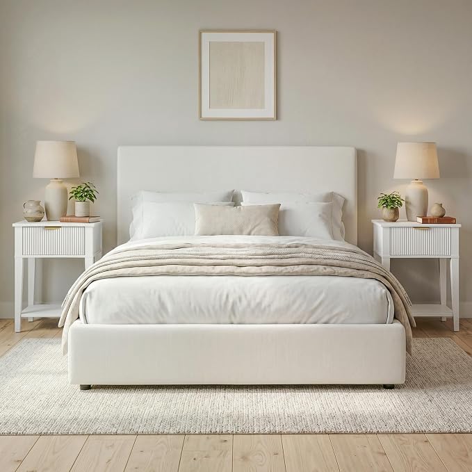 White 15" Wide Small Nightstands Set of 2, Drawer Shelf, Fluted Front | Matching pair, slim 11.8-inch depth, drawer and lower shelf each, bright storage for both sides of a bed or guest room