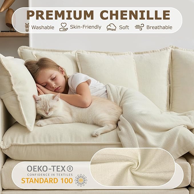 78” Modular Sectional Sofa, L Shaped Cloud Couch with Movable Ottoman, Comfy Chenille Deep Seat Sofa with Throw Pillows, 3 Seat Modern Couches for Living Room Bedroom Apartment, Beige