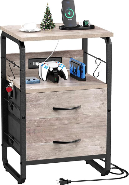 runjuly Nightstand with Drawers, Storage Night Stand with Charging Station Type C Port, Small Side Table with Hooks, Wood Metal End Table for Living Room, Bedroom, Dorm, Greige