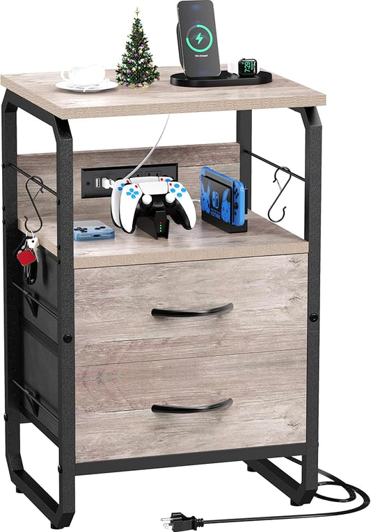 runjuly Nightstand with Drawers, Storage Night Stand with Charging Station Type C Port, Small Side Table with Hooks, Wood Metal End Table for Living Room, Bedroom, Dorm, Greige