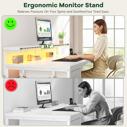 DurayLoly 39.3Inch Computer Desk with Power Outlet & Drawer,Gaming Desk with CPU Stand& LED Lights,Corner Office Desk with Ergonomic Monitor Stand for Home Work, Study and Gaming, Small Spaces,White