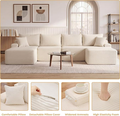 Mangodan 118'' Cloud Sectional Couch, U Shaped Boneless Couches for Living Room, Modular Sectional Sofa with Deep Seat Light Facing Chaise, Comfy Cloud Couch Sofa, Beige