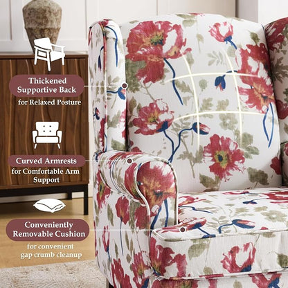 EROMMY Floral Accent Chair, Comfortable High Back Upholstered Armchair with Solid Wood Legs, Leisure Single Sofa Chair for Living Room, Bedroom, Home Office, Pink Floral