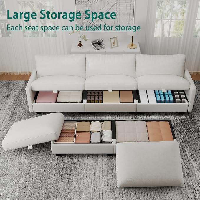 Modular Sectional Small U Shaped Sofa Couches for Living Room, Cloud Couch with Storage Ottoman, Comfy Chenille Sofa with Pillow, Beige