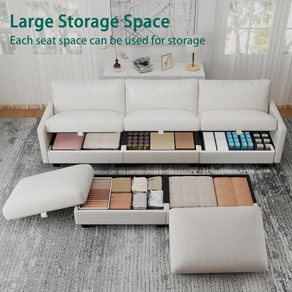 Modular Sectional Small U Shaped Sofa Couches for Living Room, Cloud Couch with Storage Ottoman, Comfy Chenille Sofa with Pillow, Beige