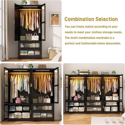 chartustriable 2 Doors Armoire Wardrobe Closet with LED,71" H Freestanding Wooden Wardrobe Closet Cabinet for Bedroom,Wooden Clothing Storage Cabinet with Hanging Rod,Closets for Bedroom(Black)