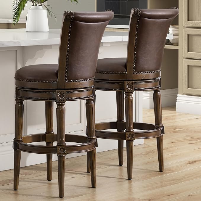 ROME + OAK Set of 2 Runyan 31" Swivel Bar Stool, High Back Barstool in Dark Walnut Finish with Vintage Brown Vegan Leather Seat