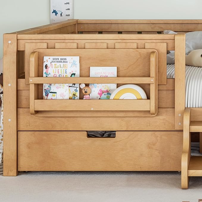 Bellemave Queen Size Bed with Slats and Stairs, Queen Size Platform Bed Frame with Fence, Bookshelf and Storage Drawers, Easy Assemble Beds for Girls, Boys, Deep Natural