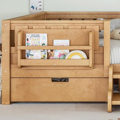 Bellemave Queen Size Bed with Slats and Stairs, Queen Size Platform Bed Frame with Fence, Bookshelf and Storage Drawers, Easy Assemble Beds for Girls, Boys, Deep Natural
