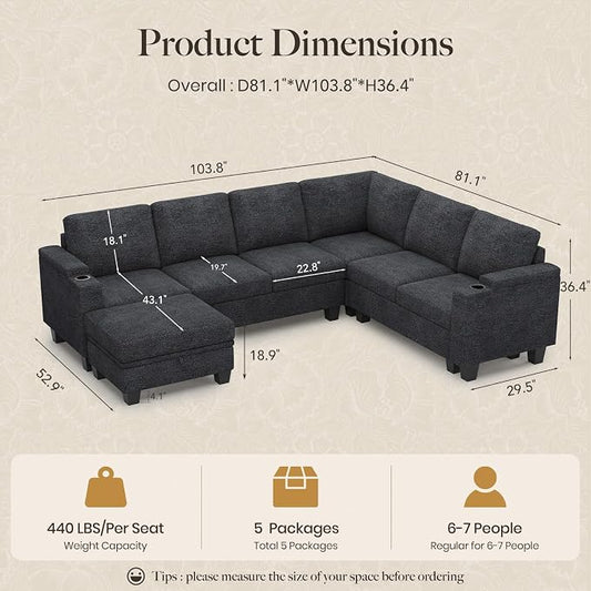 Belffin Chenille Modular Sectional Sofa Convertible L Shaped Corner Couches for Living Room with Storage Armrest with Cup Holder Dark Grey Couch