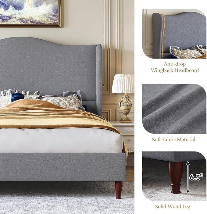koorlian King Size Bed Frame Upholstered Platform Bed with 51" Tall Headboard Wingback, Soft Fabric, Retro Simple Style Platform Bed No Box Spring Needed, Easy Assembly, Grey