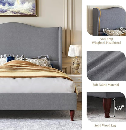 koorlian King Size Bed Frame Upholstered Platform Bed with 51" Tall Headboard Wingback, Soft Fabric, Retro Simple Style Platform Bed No Box Spring Needed, Easy Assembly, Grey