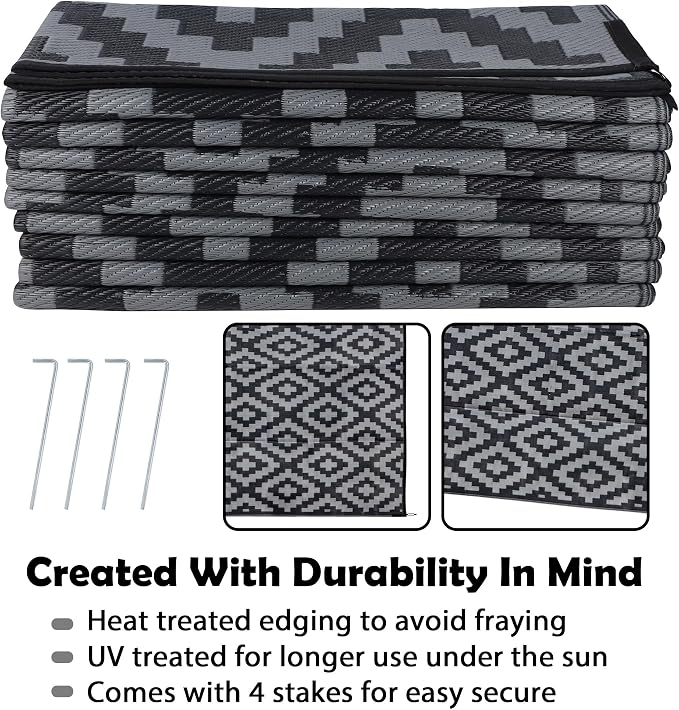 SAND MINE Waterproof Outdoor Rug 10x20 ft, Plastic Reversible Rug, Modern Area Rug, Large Floor Mat for Outdoors, RV, Patio, Backyard, Deck, Picnic, Beach, Camping, Black & Grey
