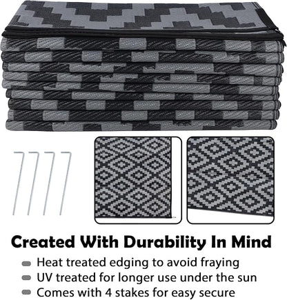 SAND MINE Waterproof Outdoor Rug 10x20 ft, Plastic Reversible Rug, Modern Area Rug, Large Floor Mat for Outdoors, RV, Patio, Backyard, Deck, Picnic, Beach, Camping, Black & Grey