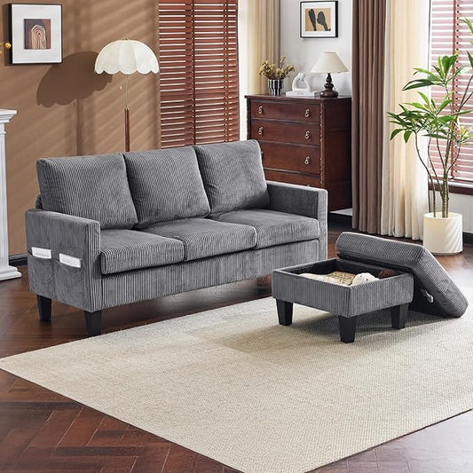 VINGLI 68.5' L Shaped Couch with Movable Storage Ottoman, Convertible Sectional Sofa in Soft Corduroy Fabric, Modern Reversible Chaise Couch for Small Spaces, Apartment, Living Room，Grey