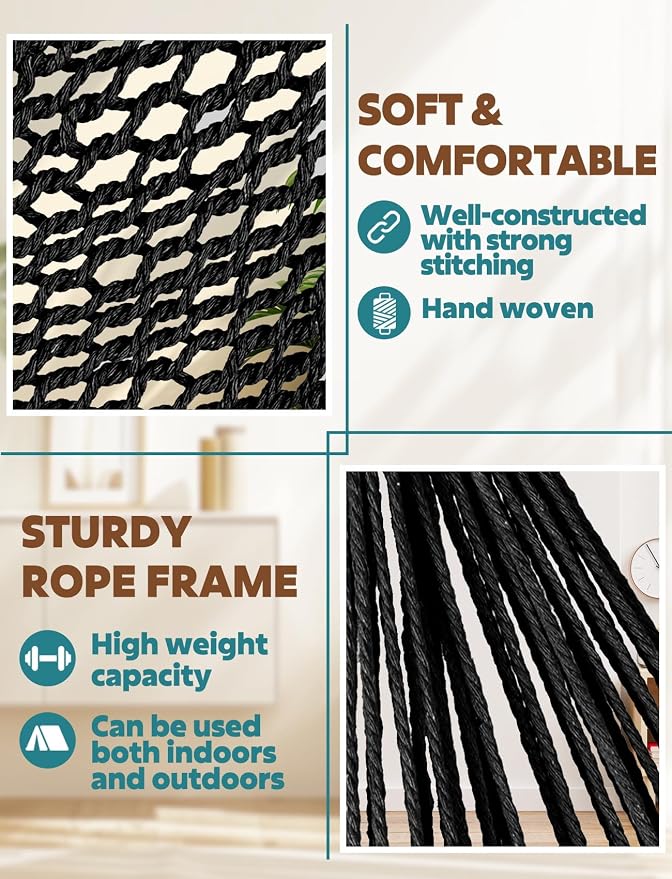 Chihee Hammock Chair Handmade Hanging Chair Cotton Rope Woven Hanging Seat Soft-Spun Large Stretch Hammock Swing, Collapsible Strong Metal Spreader Bar Elegant Macrame Comfort Indoor Outdoor Garden