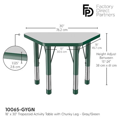 FDP Trapezoid Activity School and Classroom Kids Table (18 x 30 inch), Chunky Toddler Legs for Collaborative Seating Environments, Adjustable Height 15-24 inches - Gray Top and Green Edge