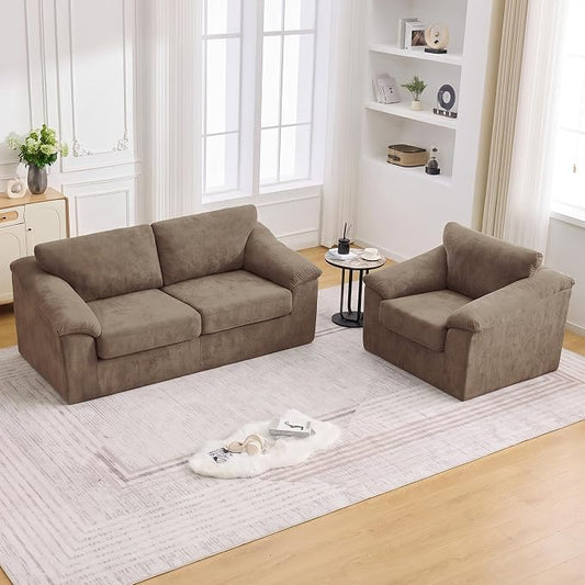 Boneless Couch Sets, Modern Loveseat Sofa with Accent Sofa Chair, Floor Cloud Couch Sets with Extra Comfy Soft Deep Seats for Living Room, Apartment, No Assemby, Set of 2, Brown