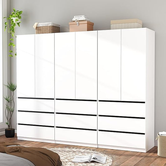 Armoire Wardrobe Closet with Drawers：75" Large White Wardrobe Closet Cabinet with 6 Doors for Hanging Clothes, Modern Wooden Bedroom Armoires with 9 Drawers and Storage (B+B+B, 94.5")