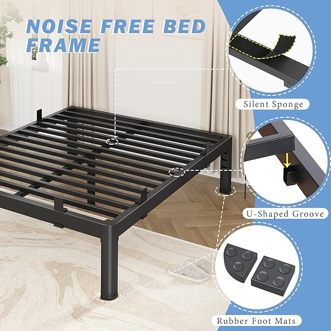 18 Inch Full Size Bed Frame, Reinforced Heavy Duty Metal Full Bed Frame with Rounded Corner & No-Slip Mattress Grip, 4000LBS Squeak-Free Platform Bed Frame with Headboard Holes Easy Assembly
