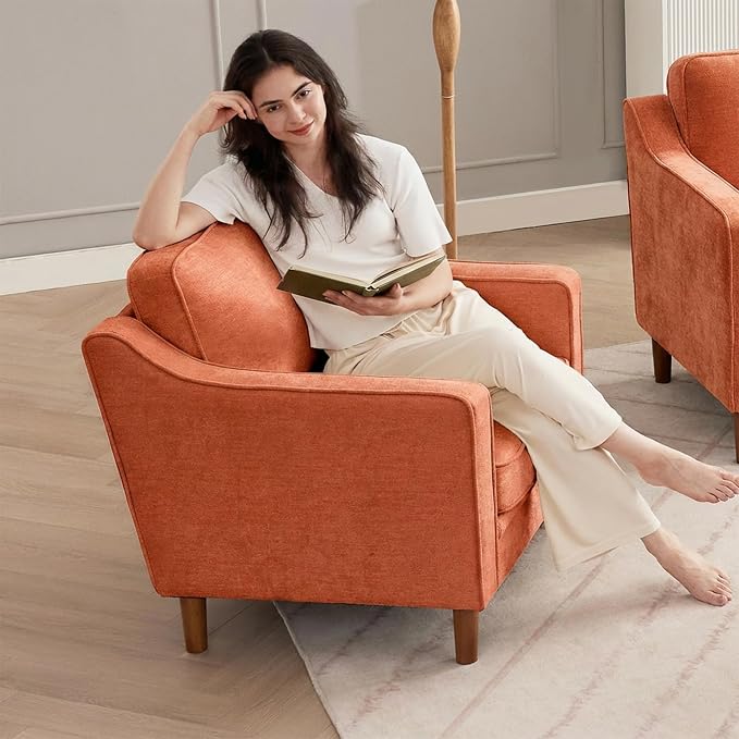 Kingfun Accent Chair, Living Room Chairs, Mid Century Reading Armchair, Chenille with Solid Wood Foot, Upholstered Modern Decor for Bedroom, Apartment