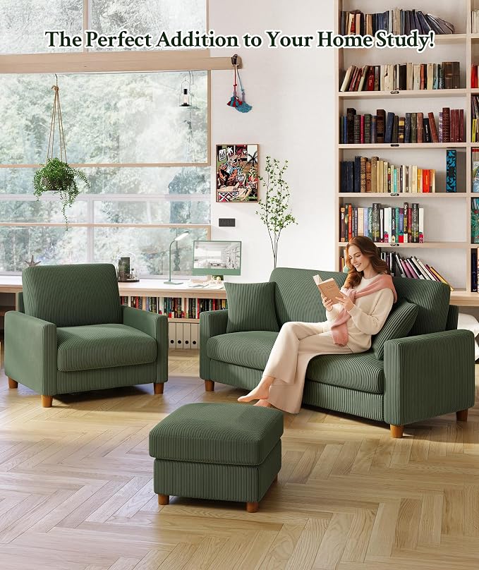 Welzona 70.2" Couches for Living Room, Comfy Sofa Set Tool-Free Setup, Corduroy Couch Set 7.1" Thicker Cushion, Accent Chair with Ottoman 848lbs Support, Sofas for Living Room Home Office, Green