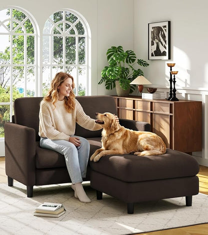 Welzona Loveseat, 51" Small L Shaped Couch, Comfy Teddy Love Seat with Ottoman Set, Tool-Free Setup Loveseat Sofa with Ottoman, All-Wood Small Sofa Couch for Bedroom, Couch for Living Room, Brown