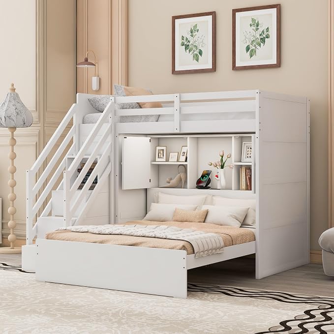 RUNNA Twin Over Full Bunk Bed with Storage Stairs,USB,Light,White | Twin over full bunk bed with storage stairs, USB charging station, light, solid wood, guardrails, no box spring needed, white