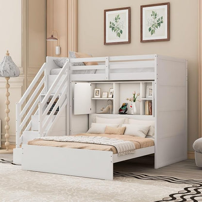 RUNNA Twin Over Full Bunk Bed with Storage Stairs,USB,Light,White | Twin over full bunk bed with storage stairs, USB charging station, light, solid wood, guardrails, no box spring needed, white