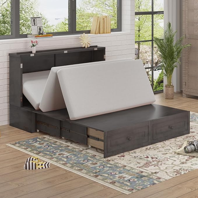 BALUS Queen Size Murphy Bed Cabinet with Tri-Fold Memory Foam Mattress, USB Charging Station, Cabinet Murphy Beds with Storage Drawer, Guest Wall Bed for Living Room Home Office, Grey
