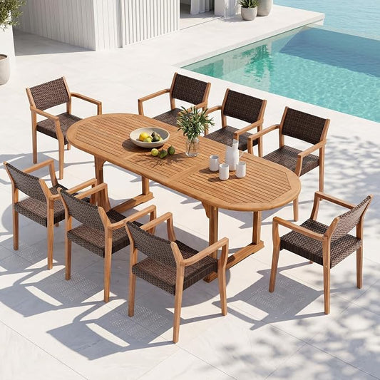 PHI VILLA Outdoor Dining Set for 8, Expandable Acacia Wood Table & Chairs | 9pc teak patio furniture set. Large farmhouse set for deck, porch, backyard
