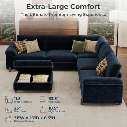 SITJOY Large Cloud Couch, 106" Wide 5 Seater V Shape, Chenille in Navy Blue | Detachable and Washable Chenille Cover Sectional Sofas for Living Room, Deep Seat Wide Couch with Chaise, Storage Ottoman
